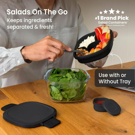 Glass Salad Container - 7.6-Cup Salad Bowl with Airtight Lid, Leak-Proof Sauce Container, 4-Compartment Bento Tray & Reusable Fork - BPA-Free for Meal Prep, Office & More (Black Onyx)