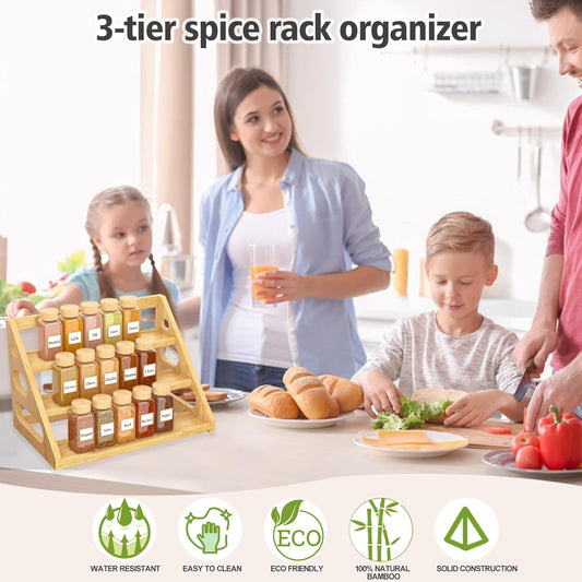 Premium Spice Rack - 3 Tier Bamboo Spice Rack Organizer - Spice Organization for Kitchen Cabinet/Countertop