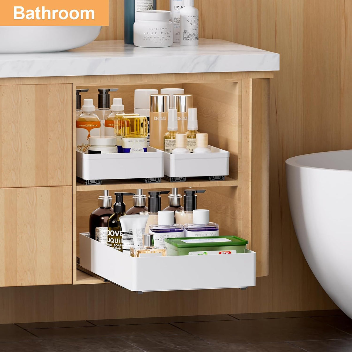 3 Pack Pull Out Cabinet Organizer, 15.7"Deep Pull Out Drawers for Cabinets, Slide Out Drawers for Kitchen Cabinets, Bathroom Cabinet Organizer, Pantry (White)