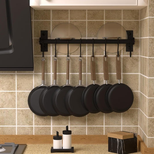 Kitchen Utensil Holder Hanger, Pot and Pan Rack Wall Mounted, Kitchen Rail with 8 Hooks for Hanging Cooking Utensils, Mugs, Spoons, Wall Mounted, Black