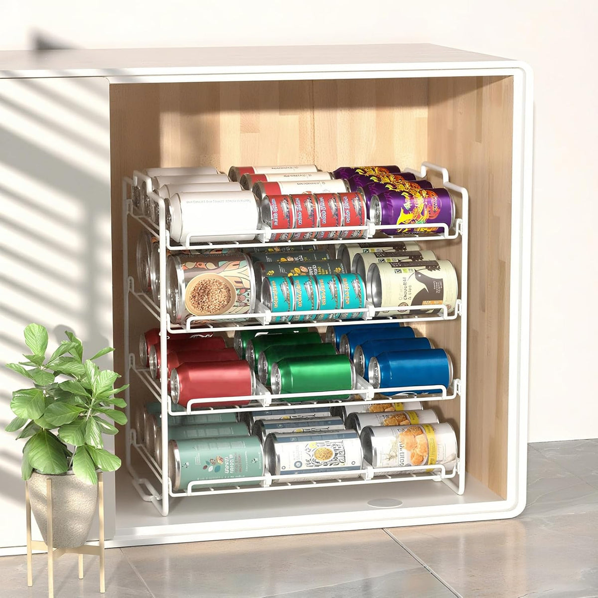 4 Tiers Stackable Can Rack Organizer, Wear-resistant Upgrade Beverage Food Can Dispenser Holder Holds up to 48 Cans for Kitchen Cabinet and Pantry (Silver)