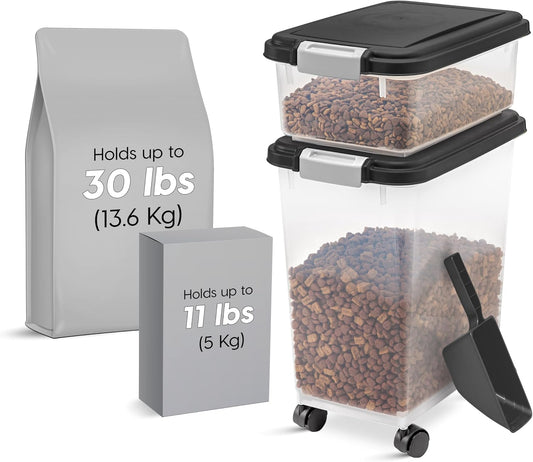 30 lb + 11 lb Airtight Pet Food Storage Containers with Wheels | Stackable Pet Food Plastic Storage Bins with Wheels for Cat and Dog Food, Made in USA
