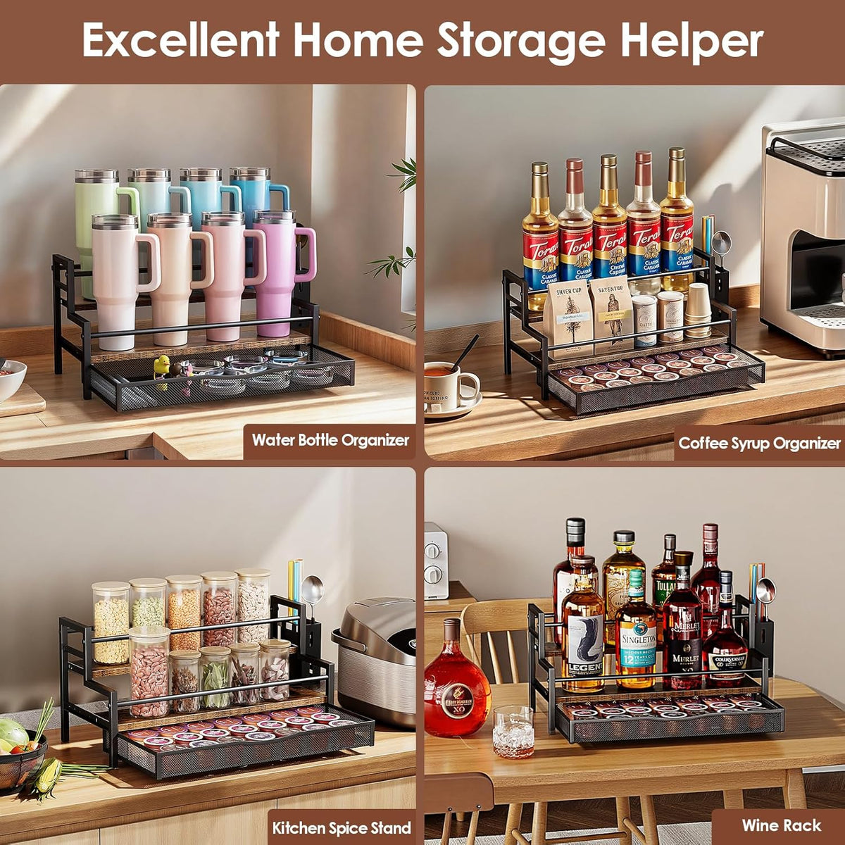 Water Bottle Organizer for Full 40 oz Stanley/Tumbler, Brown | 2 Tier Stanley Cup Organizer, 8 Bottles Capacity, Rustic Countertop Display Shelf, For Coffee Bar, Cabinet, Countertop