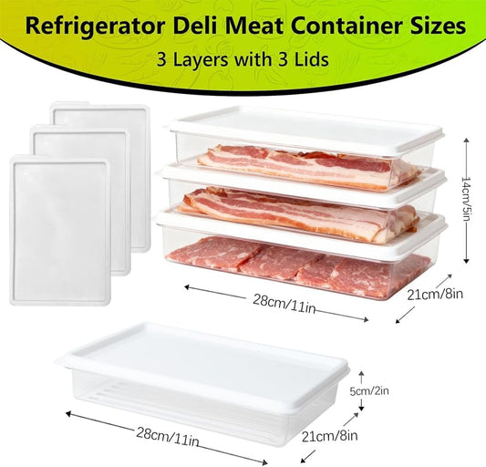 3pcs Small Deli Meat Container with Lids for Cold Cuts Ham Salami Storage | Stackable, Transparent, BPA Free, Refrigerator Organizer, for Cheese Meal Prep Food Storage Boxes