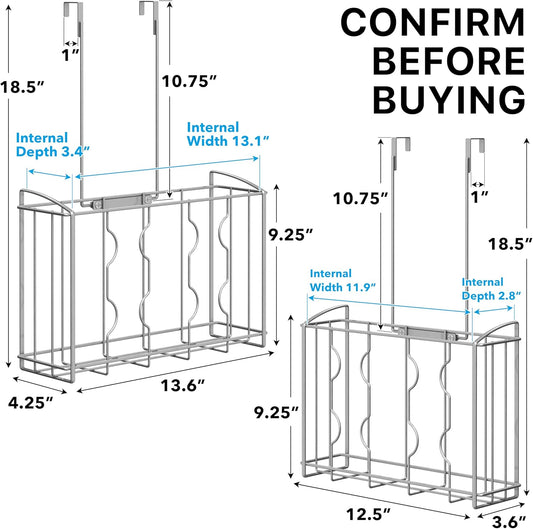 Over the Cabinet Door Organizer Holder, 2pcs (L+M), Silver | 13.5" W x 4.25" D x 18.5" H & 12.5" W x 3.6" D x 18.5" H