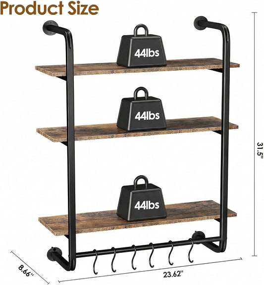 3 Tier Industrial Pipe Floating Shelf, 24" Kitchen Wall Shelves