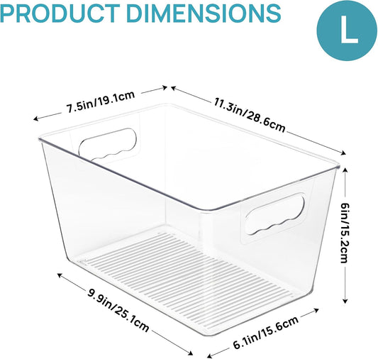 6 Pack Clear Storage Bins, Pantry Storage Bins with Handle, XL | Plastic Pantry Organizer Containers for Kitchen, Refrigerator, Fridge, Cabinet, Countertops, Home Organization and Storage