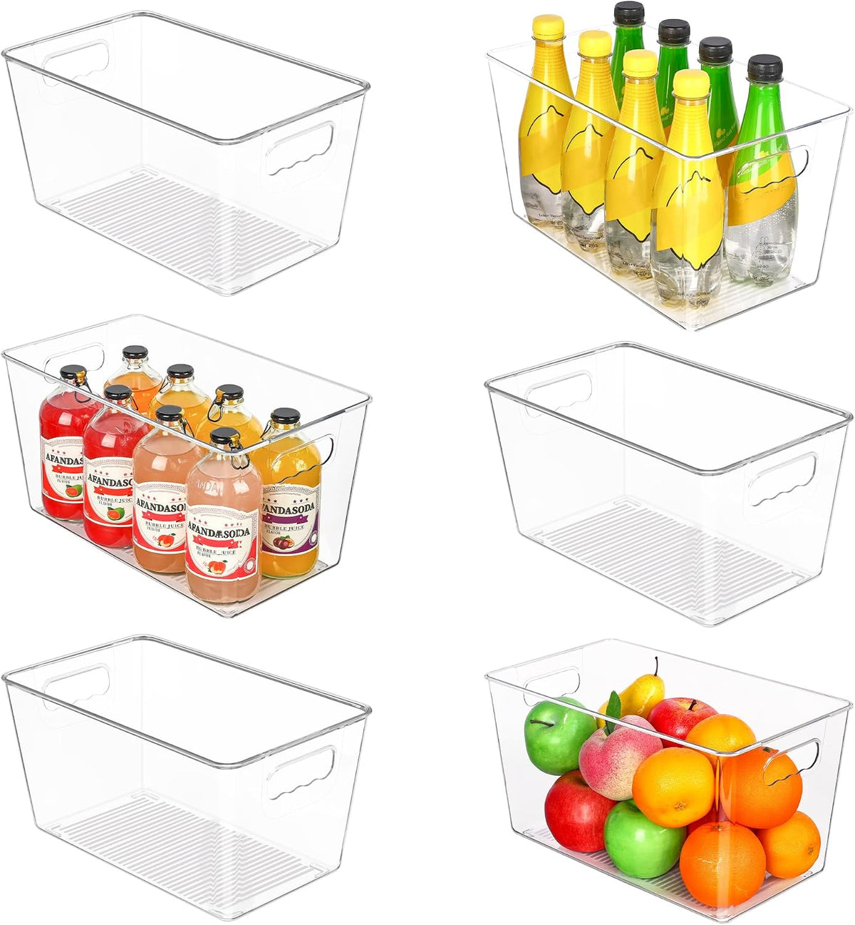 6 Pack Clear Storage Bins, Pantry Storage Bins with Handle, XL | Plastic Pantry Organizer Containers for Kitchen, Refrigerator, Fridge, Cabinet, Countertops, Home Organization and Storage