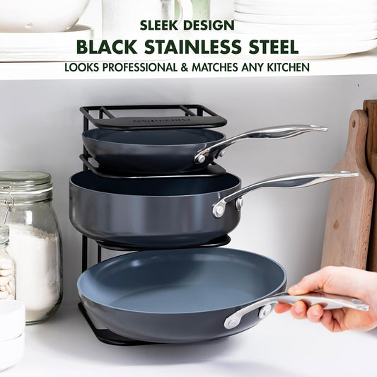 Stainless Steel Wire Cookware Storage Rack, 5 Frying Pan Compartments, Countertop or Cabinent Organizer, Minimizes Clutter, Fast Drying, Wipes Clean, Black