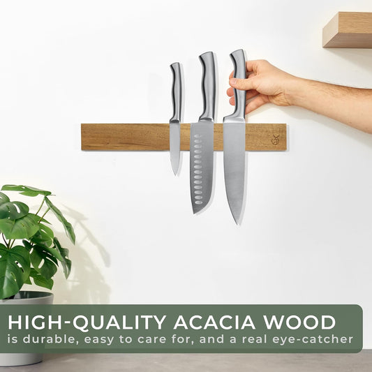 Knife Magnetic Strip (15,7 x 2 in) Mount with Adhesive or Screws - Magnetic Knife Holder for Wall - Magnetic Knife Strip made of Elegant Acacia Wood - Magnetic Knife Holder for Heavy Knifes