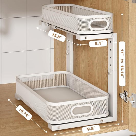 2 Pack With Smooth Cylindrical Rail,2-Tier Pull Out Multi-Purpose Cabinet Storage for Bathroom&Kitchen,Height Adjustable,Rust-resistant Coating-White