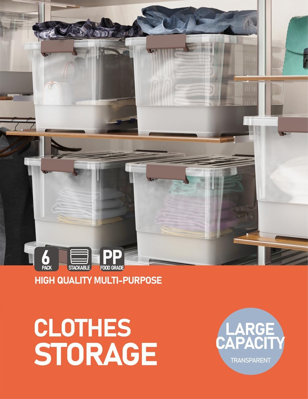 Clear 7 Quart Storage Latch Box/Bins, Plastic Stackable Latching Box with Brown Handle and Lid, Multi-Purpose, 7 Litre