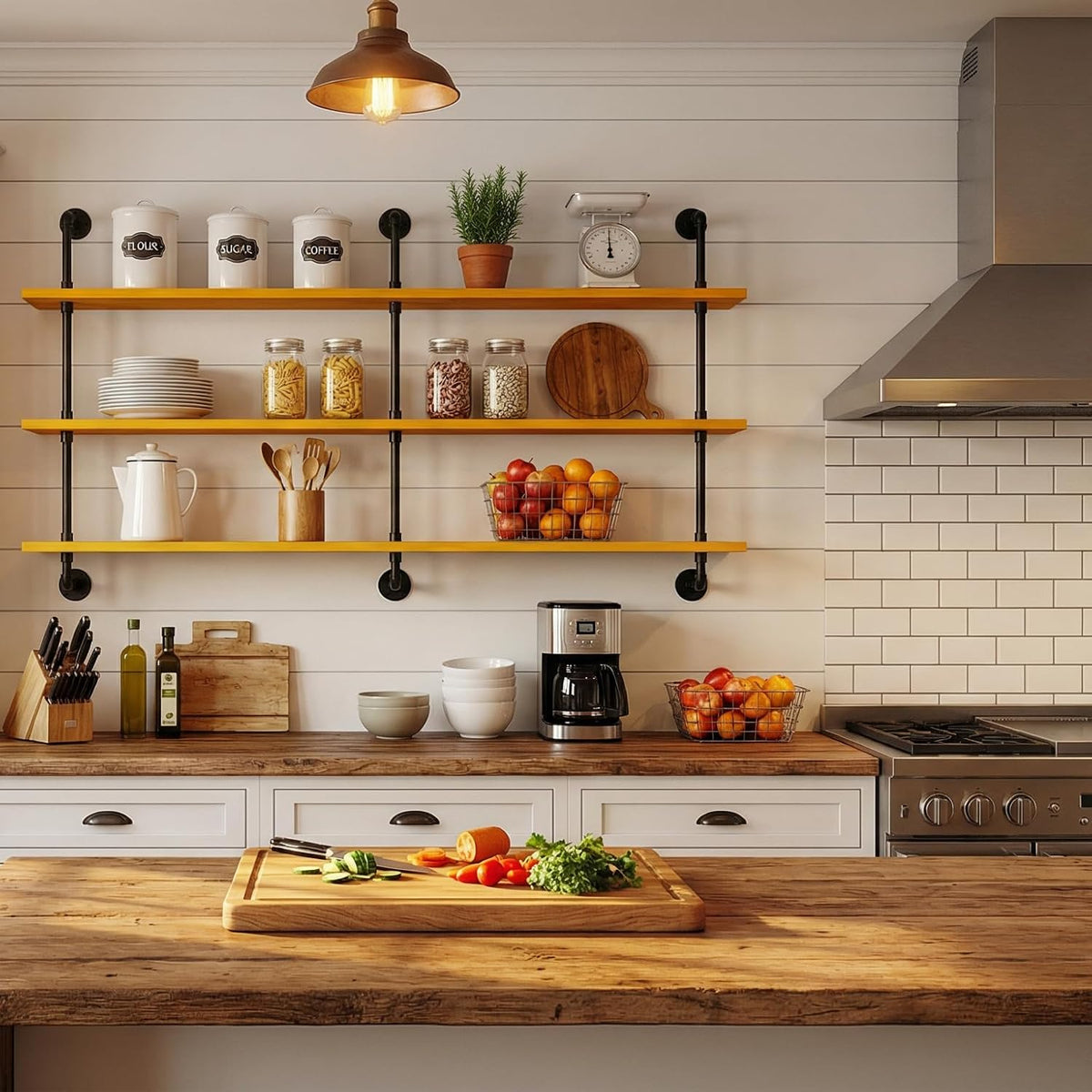 HDDFER Industrial Pipe Floating Shelves, 48 Inch Rustic Wood Wall Shelf