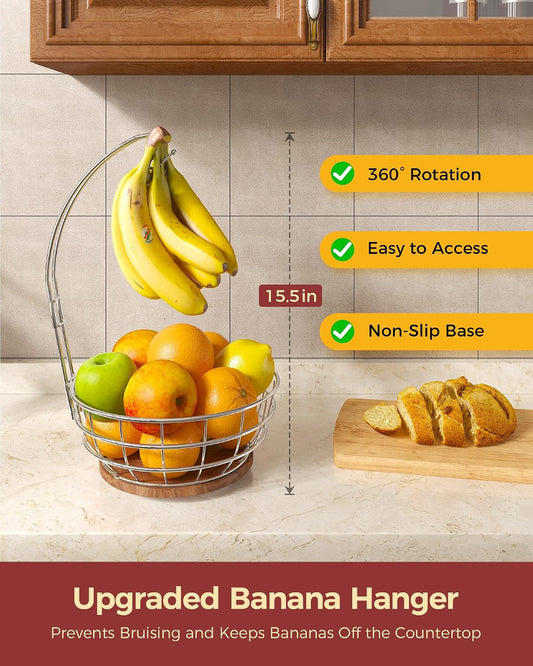 360° Rotating Fruit Bowl for Kitchen Counter with Banana Holder, Silvery