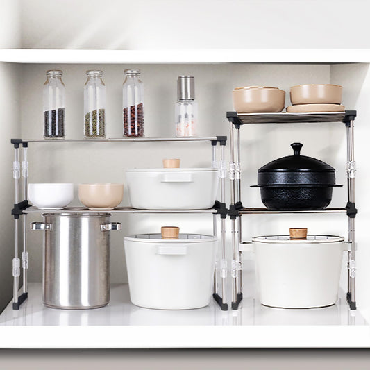 Set of 1 Expandable Cabinet Organizer 11.8~19.6 x 7.8 x 6~9 White | Width & Height-adjustable Kitchen Cabinet Organizer Shelf, Stackable Kitchen Counter Shelf