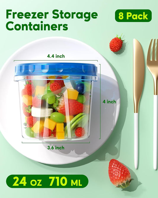 8 Pack-24 OZ Freezer Storage Containers, Plastic Soup Container with Lids, BPA Free Food Storage Containers with Twist Top Lids, Reusable, Microwave and Dishwasher Safe