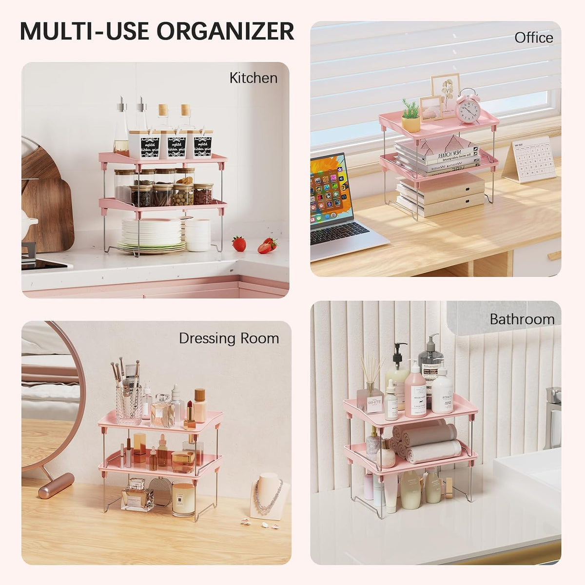 2 Pcs Cabinet Organizer Shelf, Stackable Kitchen Counter Shelves, Spice Rack,Countertop Organizers, Clear Plastic Storage Shelves Rack for Makeup,Bathroom,Cupboard,Desk,Pantry Organization