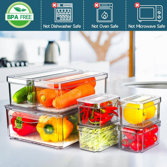 14 Pack Fridge Organizers and Storage - Refrigerator Organizer Bins with Lids, BPA-Free Fridge Organization, Fruit Storage Containers for Fridge, Vegetable, Food, Drinks, Cereals, Clear