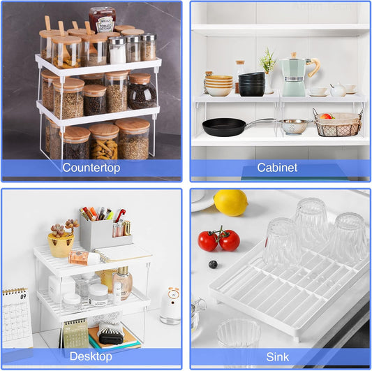 Stackable Plastic Kitchen Storage Shelf Foldable Rack, White | Stackable Kitchen Cabinet Organizer and Storage Shelves, Expandable Storage Racks for Counter Cabinet Pantry