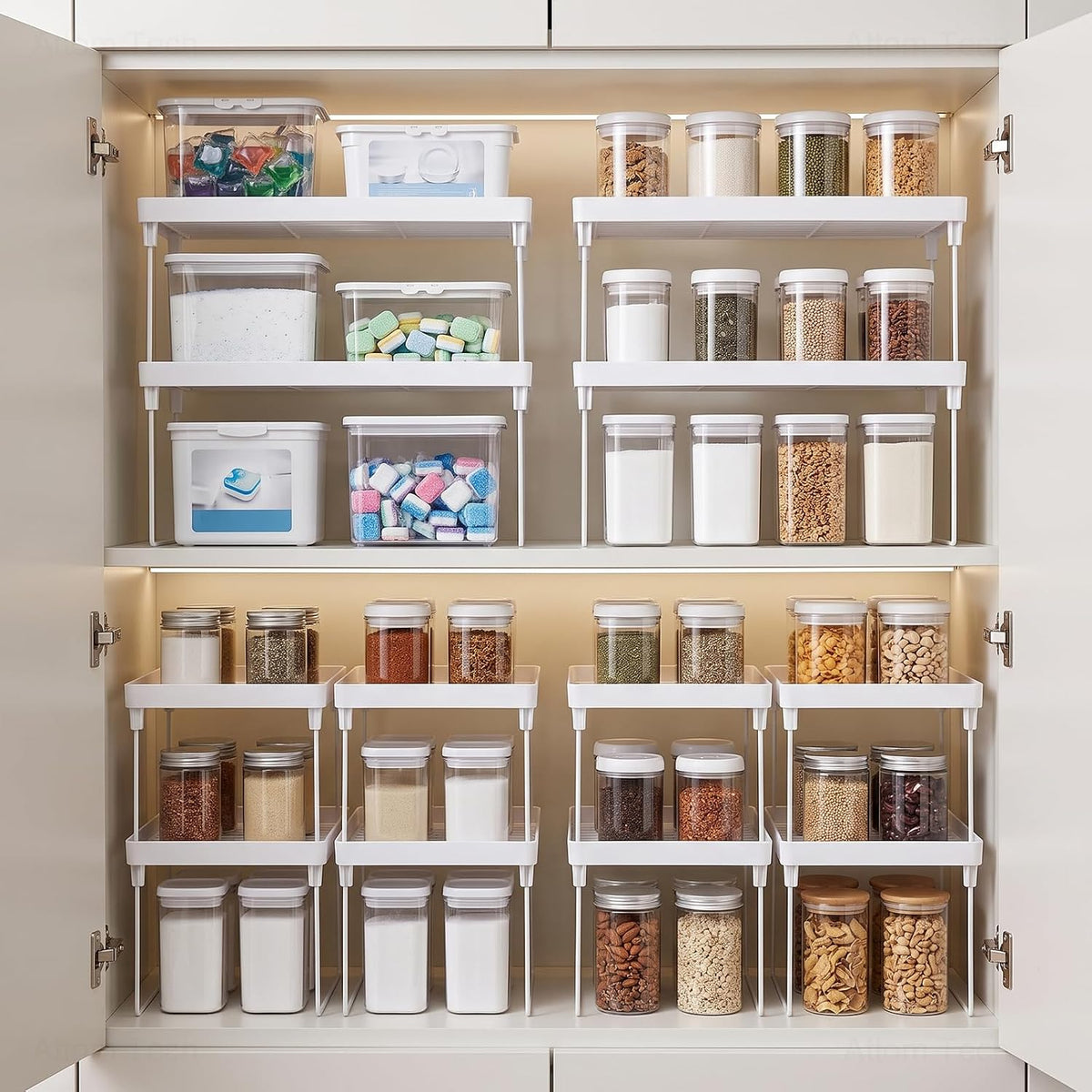 Stackable Plastic Kitchen Storage Shelf Foldable Rack, White | Stackable Kitchen Cabinet Organizer and Storage Shelves, Expandable Storage Racks for Counter Cabinet Pantry