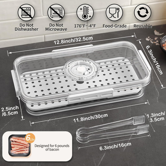 Bacon Storage Container for Fridge Airtight Lid Keeper Tongs Refrigerator | Durable Multi-purpose Bacon Deli Meat Cheese and Drain Plate Holder with Food Serving Tongs Date Tracking on the Lid