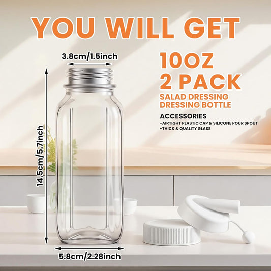 2 Pcs 10 oz Salad Dressing Shaker Glass Dispenser