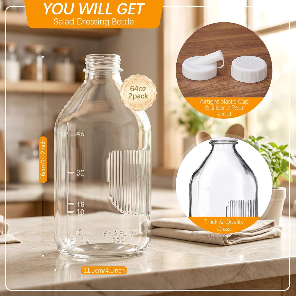 2 Pcs 10 oz Salad Dressing Shaker Glass Dispenser