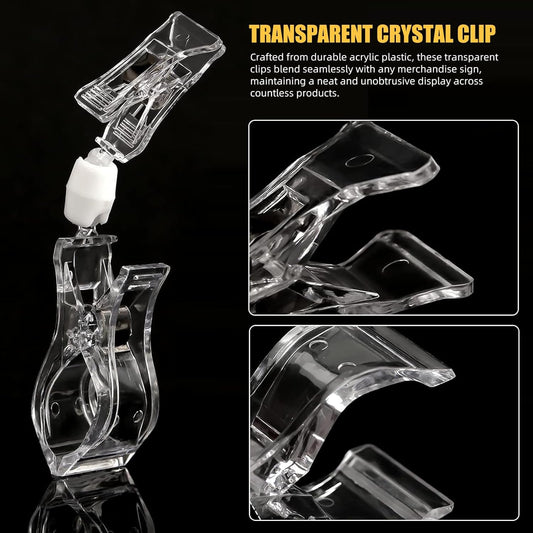 20 Pieces Double Sided Sign Clip, Clear Retail Merchandising Signs Display Tags,Plastic Adjustable Clip Sign Holder Stand,Rotating Swivel Sign Tag for Label, Clothing, Business Cards, Retail