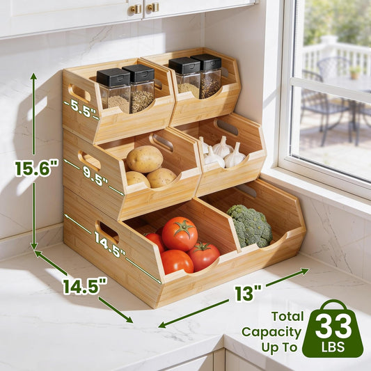 Bamboo Pantry Storage Bins – Stackable Potato & Onion Storage Bin for Kitchen Countertop, Pantry Organizer, Fruit Vegetable Basket, Multiuse - Set of 3 Slide-Out Access