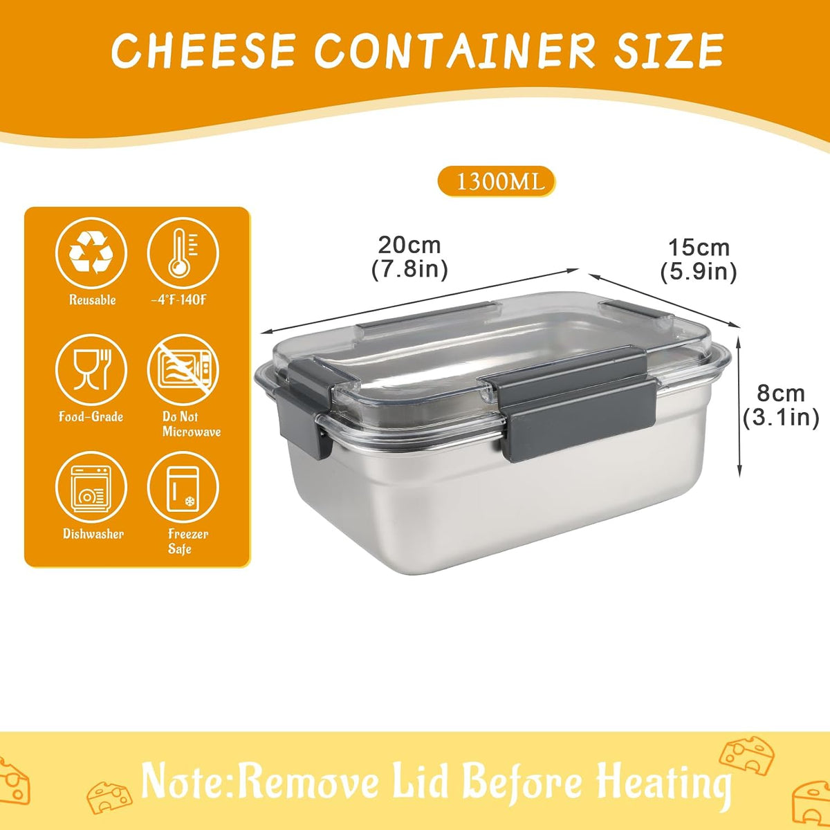 Cheese Container for Refrigerator,Cheese Stainless Steel Container with Lids,Deli Meat Saver,Kitchen Storage Keeper box,fridge organizer Stackable Sliced Grated,Shredded,Cheddar Cheeses Holder
