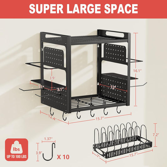 31 Inch Pot Rack Wall Mounted,3 in 1 Pots and Pans Organizer with 2 tier Kitchen Racks & Pot Lid Organizer Holder and 20 Hooks,Heavy Duty Hanging Pot Hanger for Kitchen Cookware, Utensils, Black