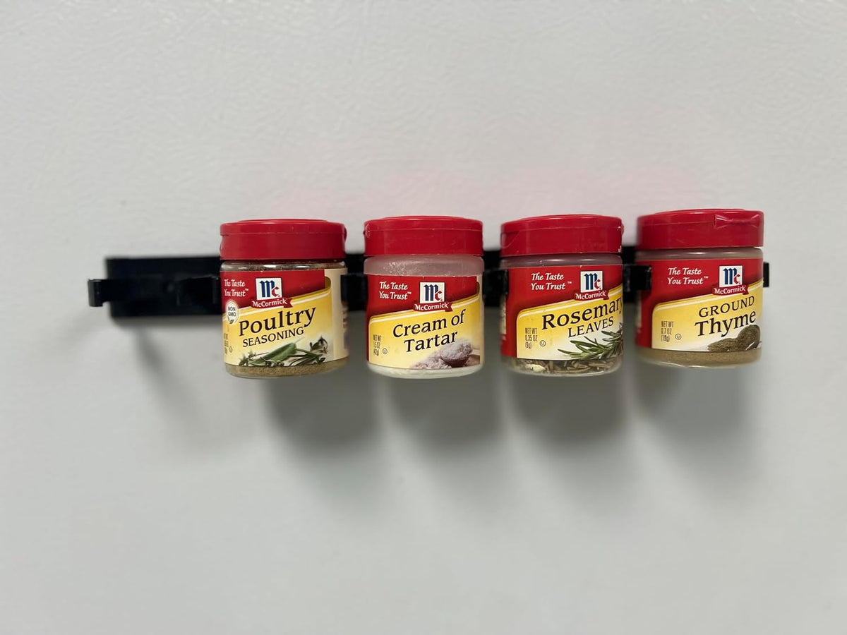 Adhesive Spice clip gripper clips, Holds 15 Ct spice jars, black, spice organizer for Pantry, custom fit, hangs nicely inside cabinet door or in your rv, frees up space in your cabinet (Black)