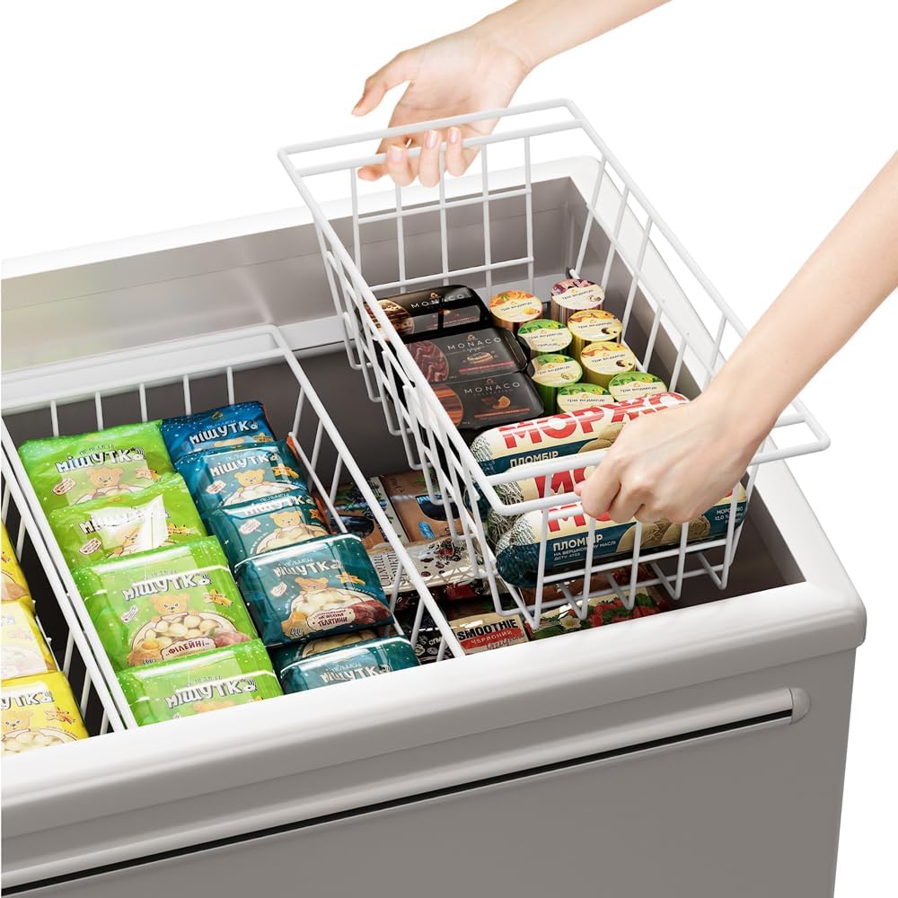 Slideep Chest Freezer Organizer Bins 16.5 Inch, Deep Upright Freezer Baskets Metal Wire Storage Container for Kitchen, White, Set of 2