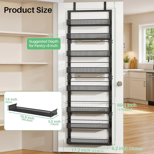 SAYZH 8 Tiers Over the Door Pantry Organizer,17.2"W x 6.2"D x 69.2"H, Black