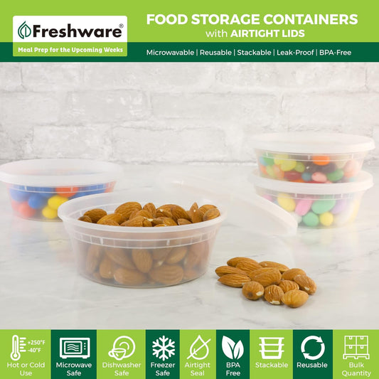 Food Storage Containers 8 oz Plastic Deli Containers with Lids, Slime, Soup, Meal Prep Containers | BPA Free | Stackable | Leakproof | Microwave/Dishwasher/Freezer Safe