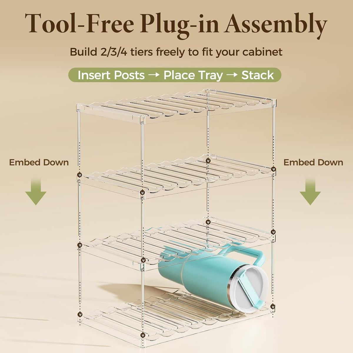 LAMU Stackable Water Bottle Organizer Holder Tumbler Cup Storage Rack | 3 Tier Clear PET Holder for Stanley 16-40oz Large Water Bottle Tumbler Cup Storage for Kitchen Cabinet Pantry Countertop