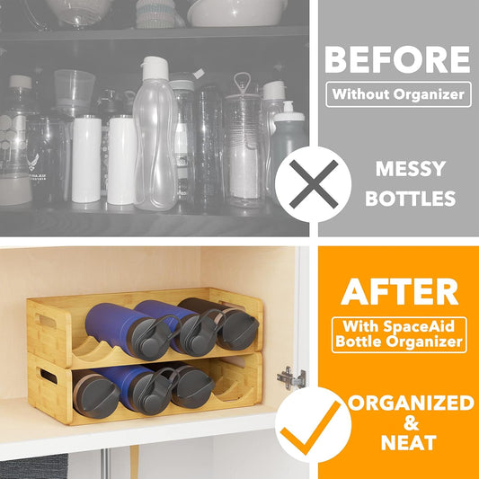 Bamboo Water Bottle Organizer with Labels, Kitchen Pantry Water Bottle Storage Rack for Cabinets, Home Cup and Wine Bottle Holder Shelf Organizers, 2 Pack 4-Slot, Hold 8 Bottles
