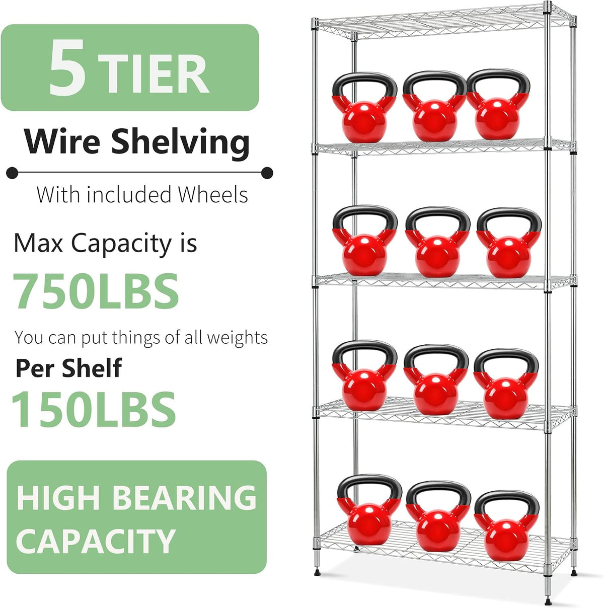 14" D×24" W×60" H Wire Shelving Unit Metal Commercial Shelf with 5 Tier Layer Rack Strong Steel for Restaurant Garage Pantry Kitchen Garage,Chrome