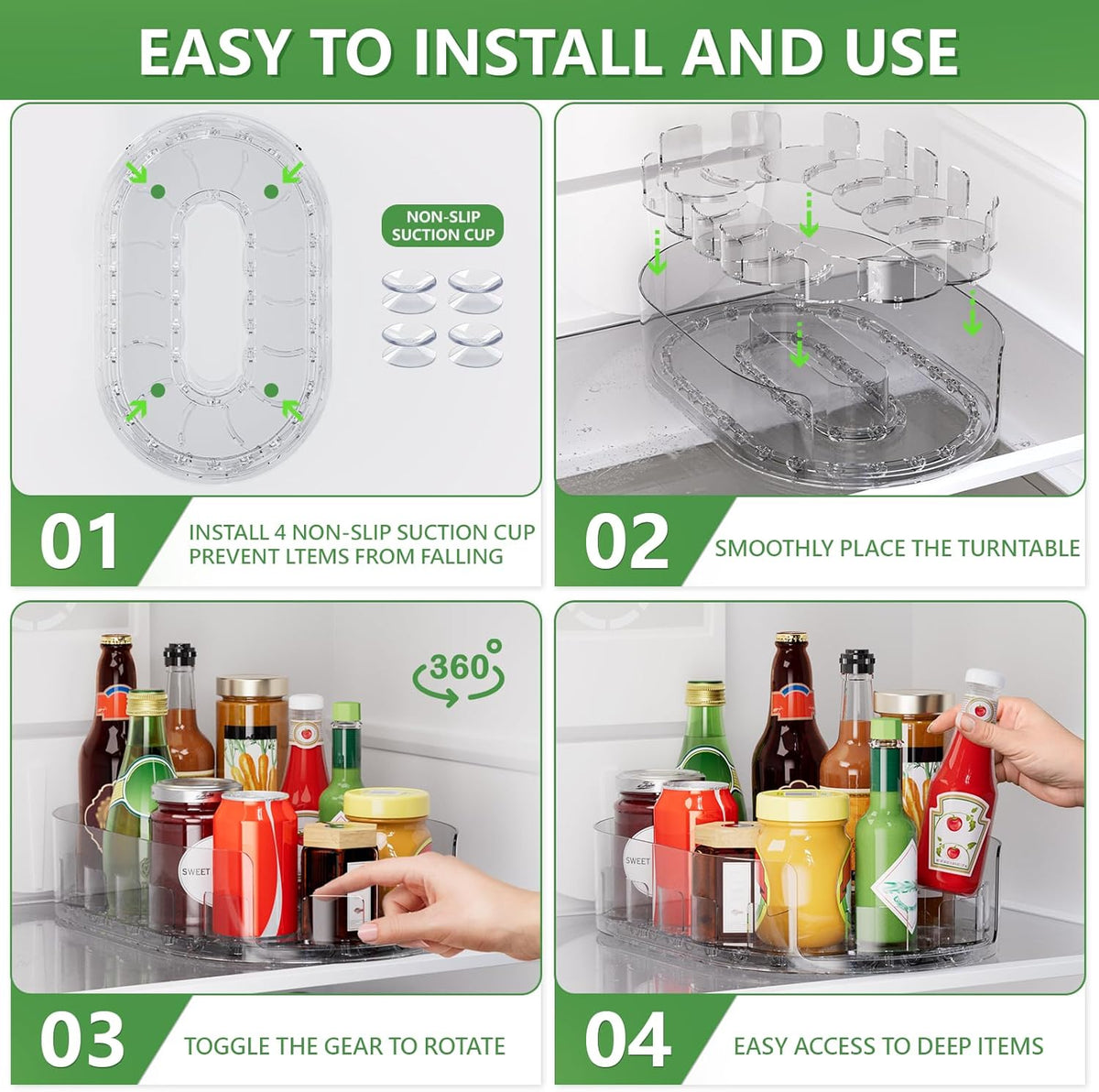 Lazy Susan Organizer for Refrigerator, 13.5'' x 8.5'' Clear Rectangular Turntable Fridge Organizer for Condiments in Refrigerator, Cabinet, Pantry, or Kitchen Countertop (2 Pack)