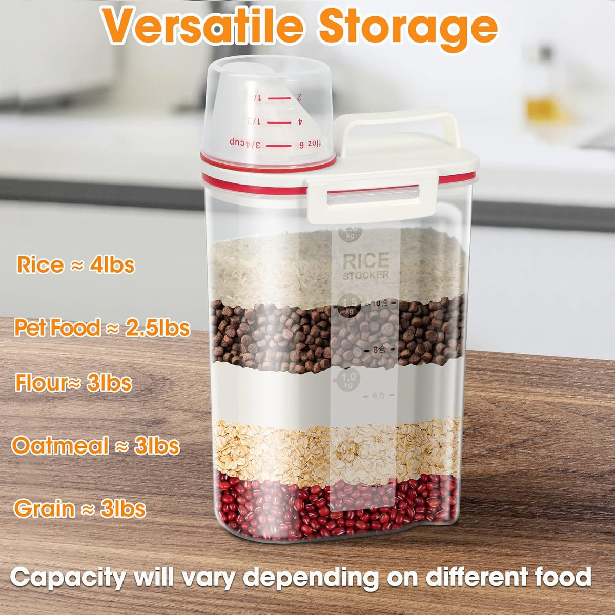 Rice Storage container 4 Lbs, Small Rice Dispenser with Measuring Cup, Grey Cereal Containers Flour Bin, Kitchen Food Storage Container and Pantry Organizers, Pet Dog Cat Food Dispenser