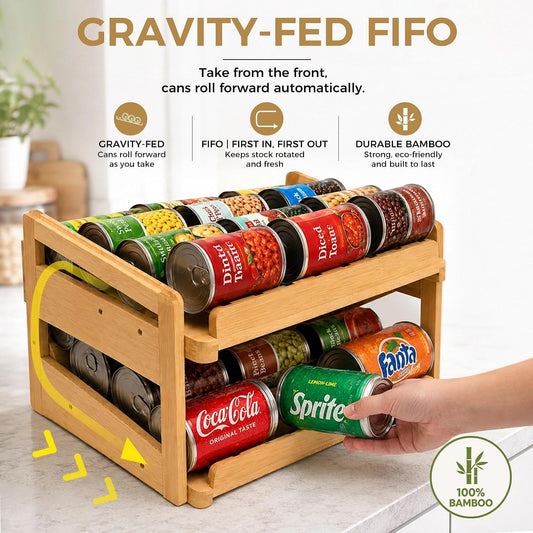 Bamboo FIFO Can Organizer for Pantry, 24-Can Gravity Dispenser with Adjustable Dividers, Freestanding Wood Canned Food Storage Rack for Soup, Soda and Pet Food, 15.5" W x 11.6" D x 9.4" H