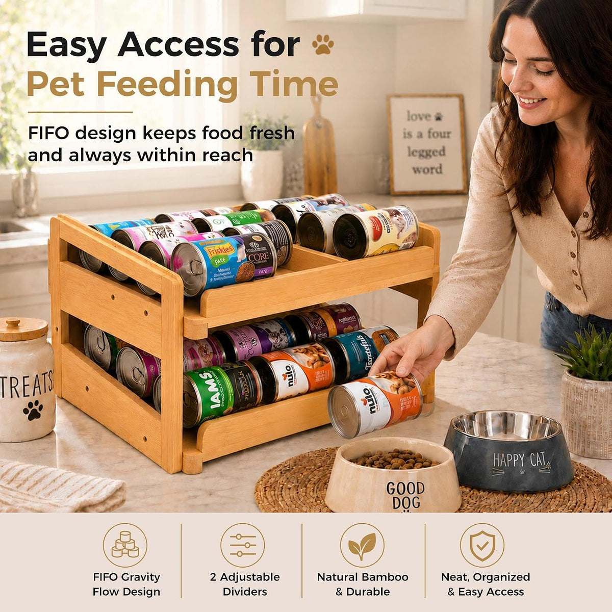 Bamboo FIFO Can Organizer for Pantry, 24-Can Gravity Dispenser with Adjustable Dividers, Freestanding Wood Canned Food Storage Rack for Soup, Soda and Pet Food, 15.5" W x 11.6" D x 9.4" H