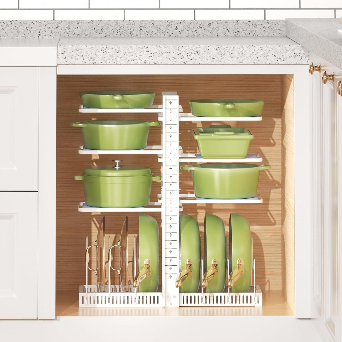 LAMU Pots and Pans Organizer under Cabinet, Adjustable Height Up to 24'', 6 Tier Pot Organizer Rack with 6 Horizontal Dividers, Adjustable Pot and Pan Organizer for Kitchen Storage, Black