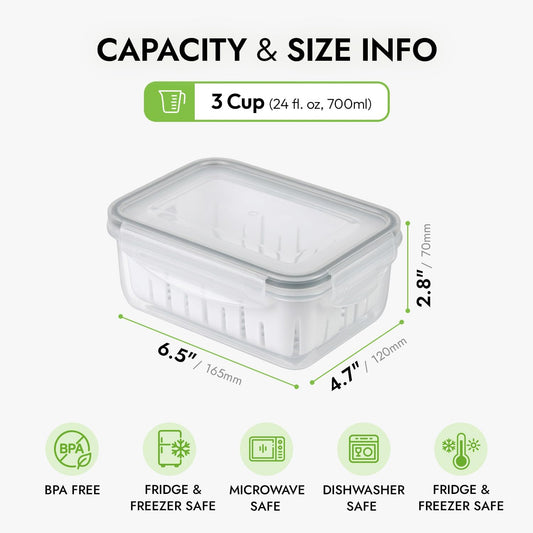 3.0 Cup Produce Saver Container for Fridge with Colander - 700ml | Airtight Fruit & Vegetable Storage Bin, Removable Strainer Basket, BPA-Free, Stackable, White Colander