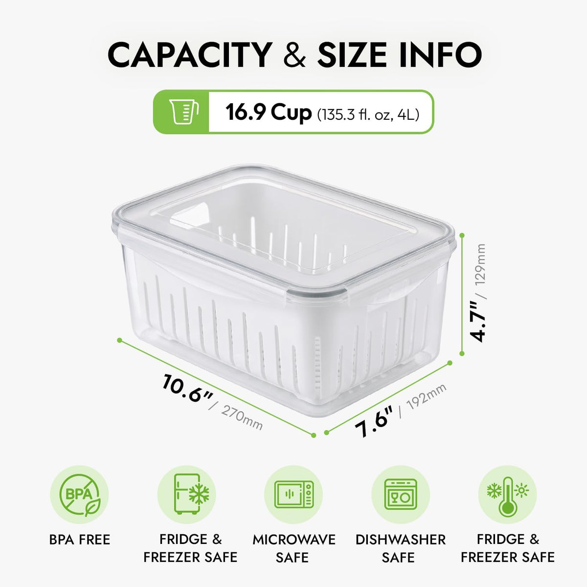 3.0 Cup Produce Saver Container for Fridge with Colander - 700ml | Airtight Fruit & Vegetable Storage Bin, Removable Strainer Basket, BPA-Free, Stackable, White Colander