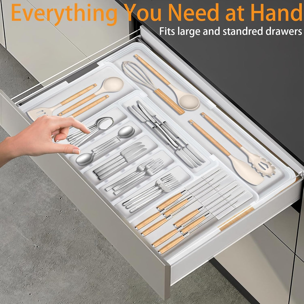 Silverware Organizer - Expandable Large Kitchen Drawer Organizer Utensil Organizer with 2 Removable Knife Blocks, 22"x 19"Cutlery Tray Drawer Dividers for Kitchen Flatware(6-9 Slots) (Black)