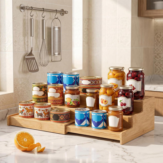 3-Tier Expandable Bamboo Can Rack Organizer for Cabinet & Pantry