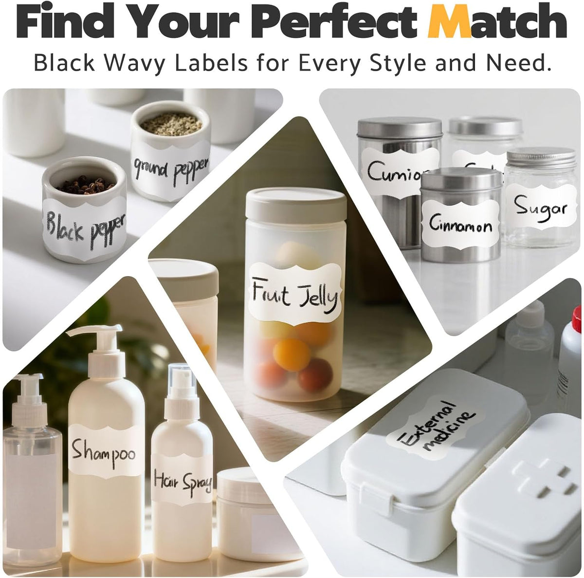 180Pcs Labels for Jars,Black Wavy Stickers with 1 Chalk Markers | Black,Shape of Wavy,Reusable,Removable Labels for Storage Bins