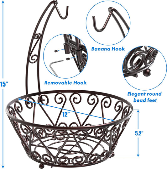 Fruit Basket Bowl with Banana Tree Hanger, Bronze
