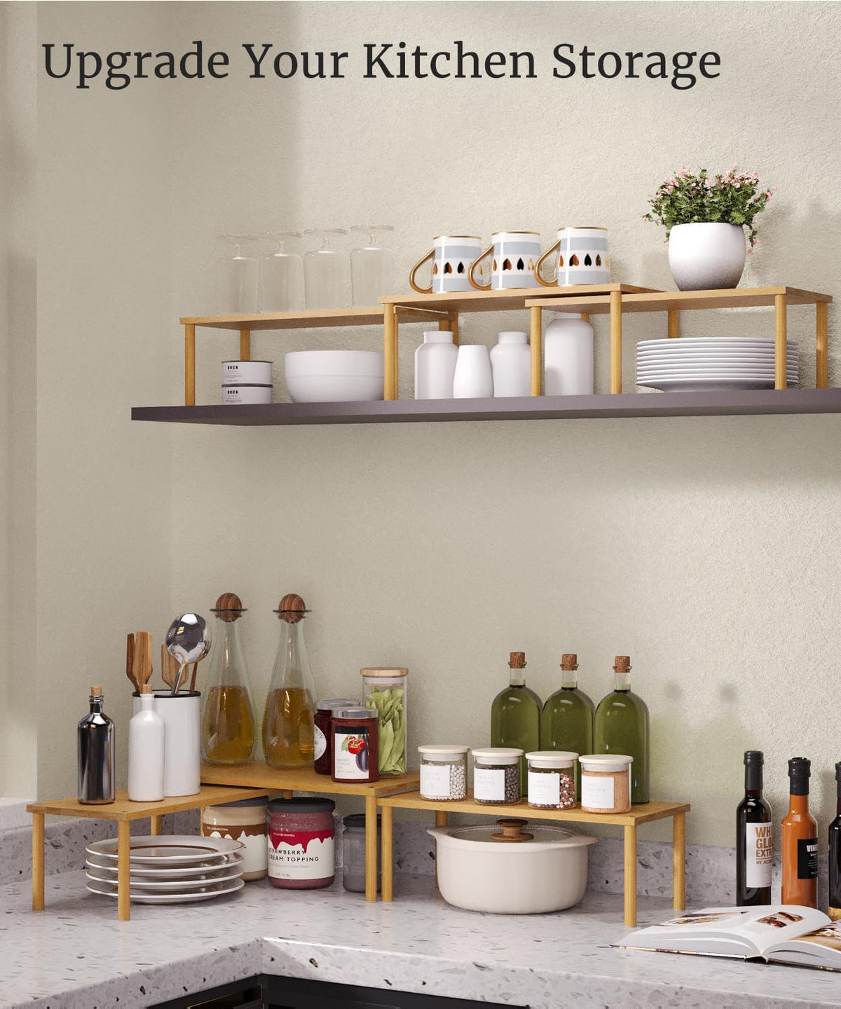 Cabinet Organizer Shelf(Set of 3),Bamboo Kitchen Counter Shelves for Countertop and Cabinet,Stackable Shelf Spice Racks,Medium(Natural)